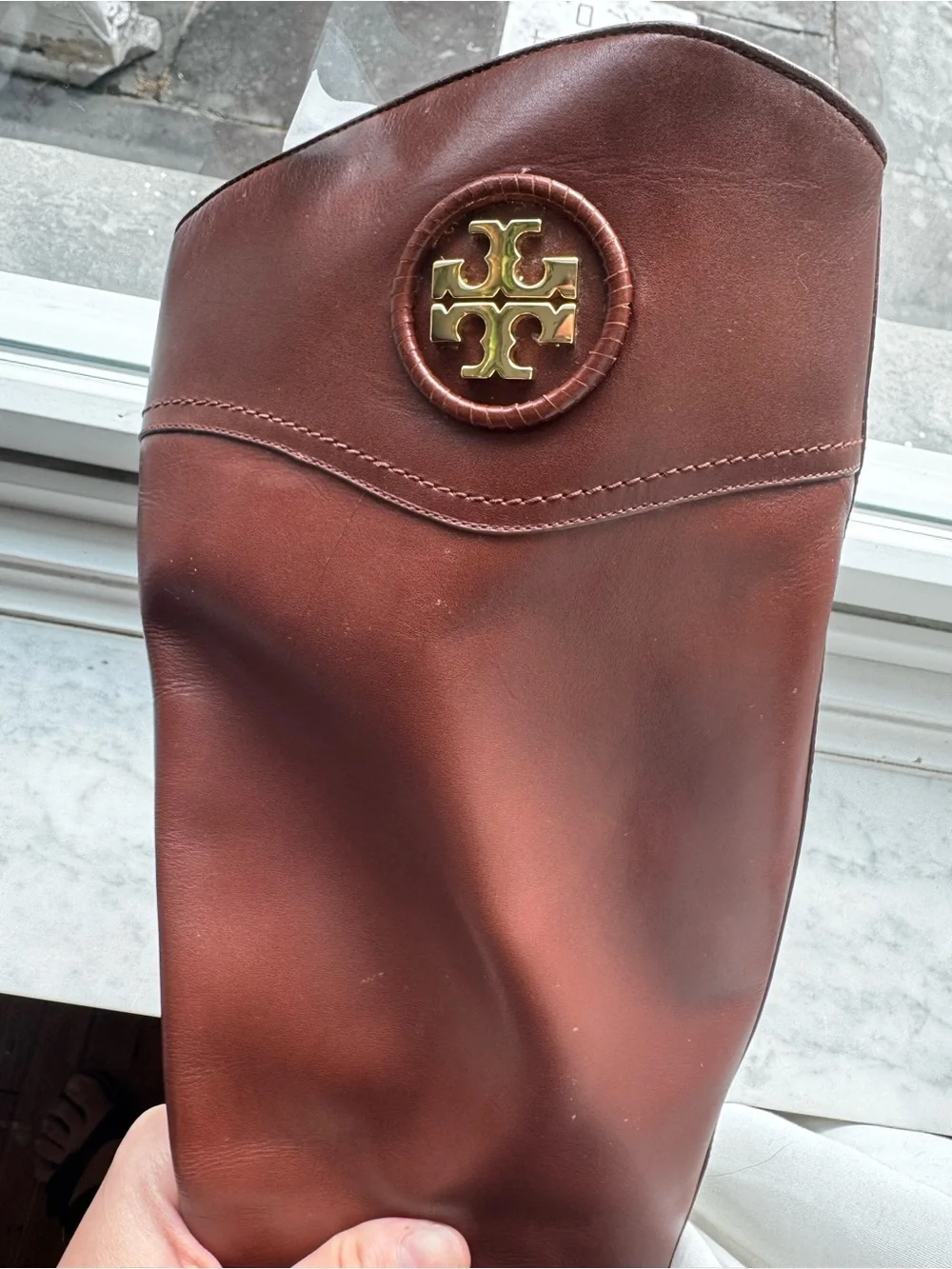 Tory Burch Chestnut Brown Leather Knee Boots with Logo Medallion